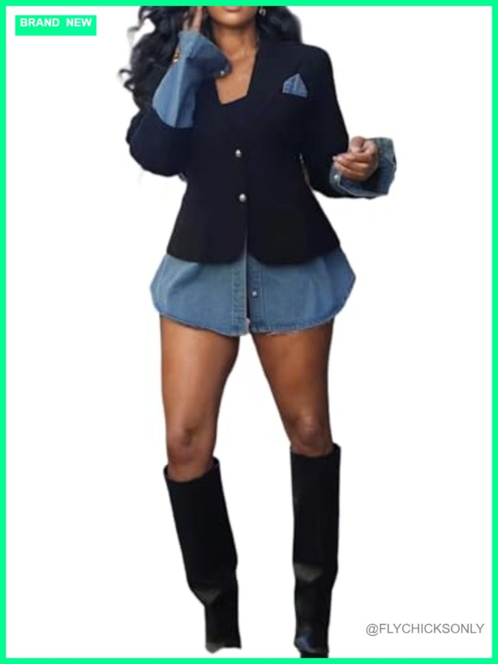 Denim Patchwork Open Front Slim Fit Blazer with Pockets Women's